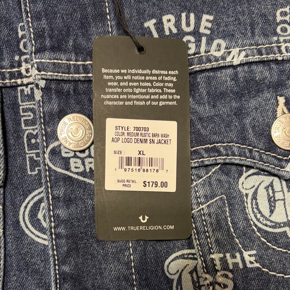 True Religion AOP Logo Denim SN Jacket Medium Rustic Barn Wash Size XL NWT - Picture 7 of 12